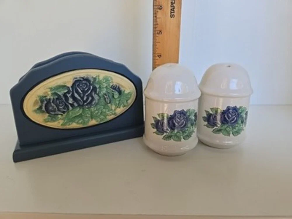 Salt And Pepper Shaker Napkin Holder Set - Blue Rose - RARE